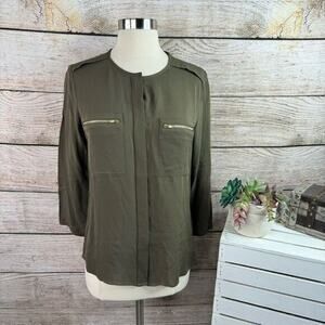 Theory‎ 100% Silk Military Zipper Pocket Olive Green Blouse Size Small